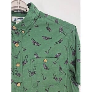 Duluth Trading Men Green Lawn Mower Print Shirt XL Button-Up Cotton Short Sleeve